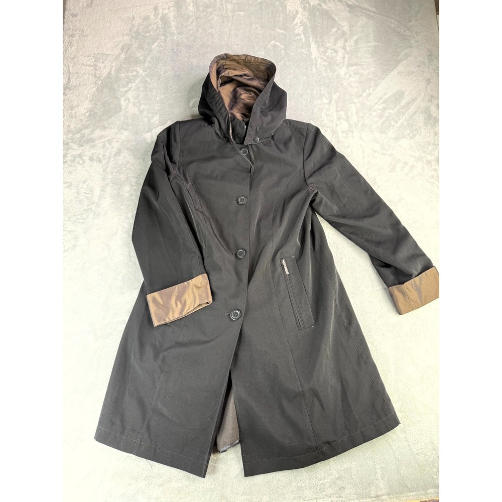 Fleet Street Ltd. Rain Coat Womens S Black Button Front Hooded Outerwear Utility